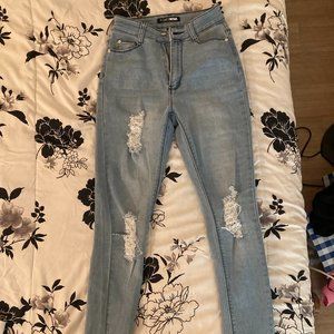 Fashion Nova Light Blue Ripped Denim High Rise Skinny Jeans